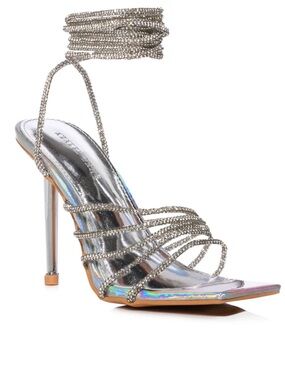 Rhinestone Wrap-Ankle Stiletto Sandal in Silver